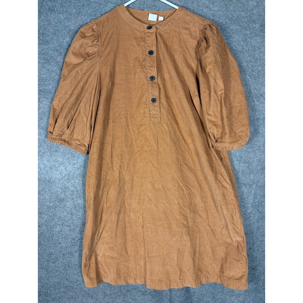 Gap Womens XS Corduroy Puff Sleeve Shift Dress Camel Tan Button Mini Pockets